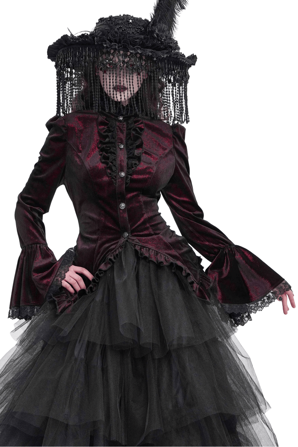 Gothic Victorian velvet blouse with lace details, bell sleeves, and dramatic ruffles, featuring a stylish black hat.