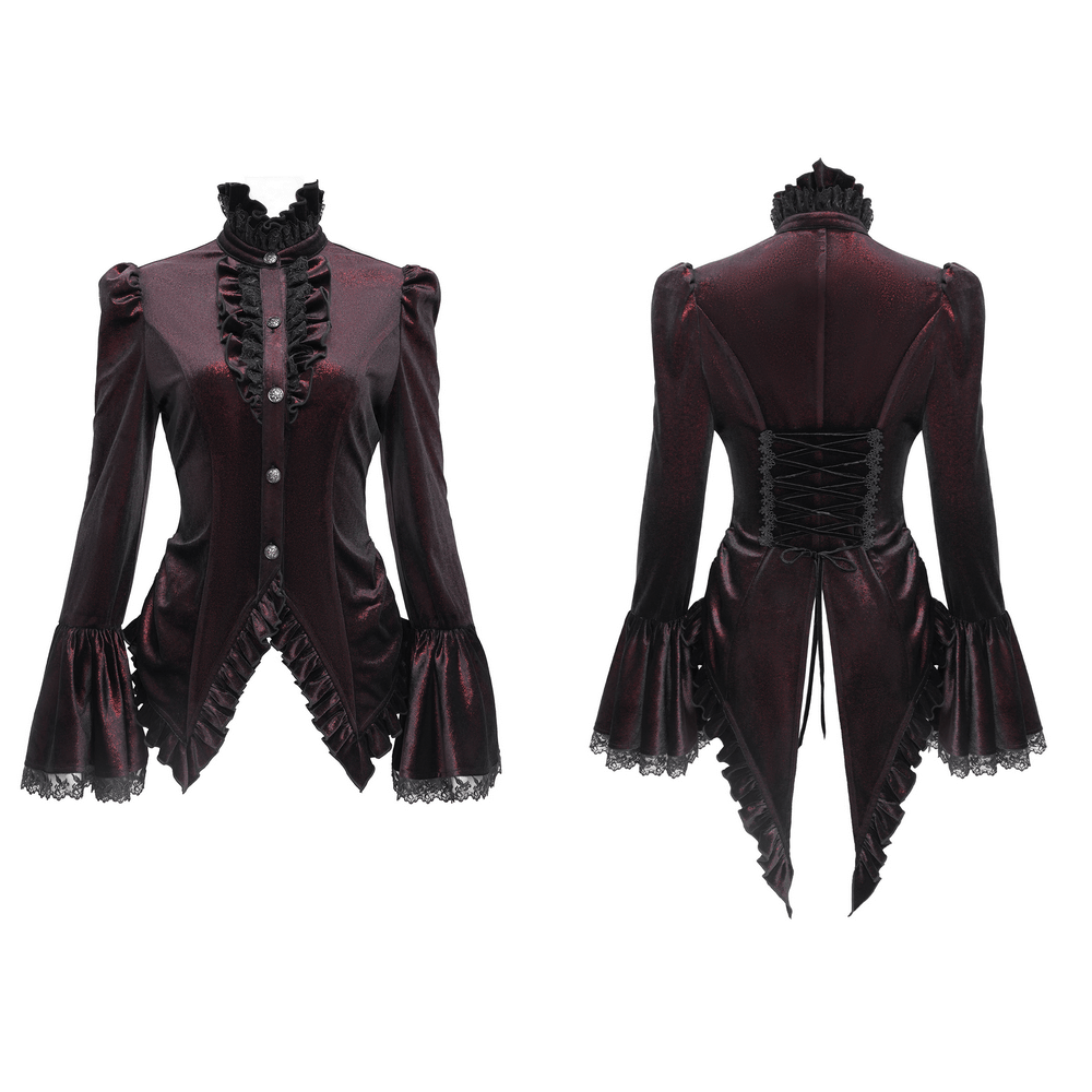 Victorian Gothic velvet blouse featuring lace collar, bell sleeves, ruffles, and corset back for an elegant, dark look.