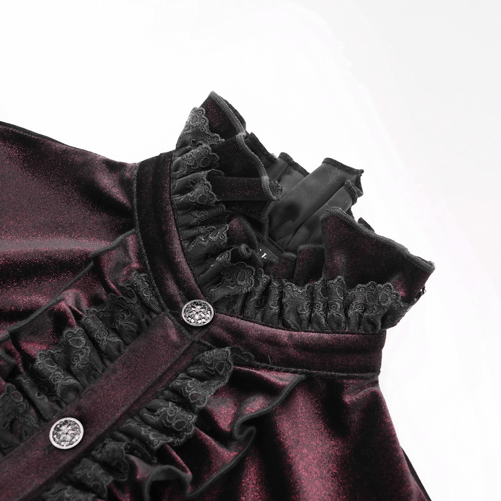 Close-up of Victorian Gothic velvet blouse with lace ruffles and button details, perfect for alternative fashion.