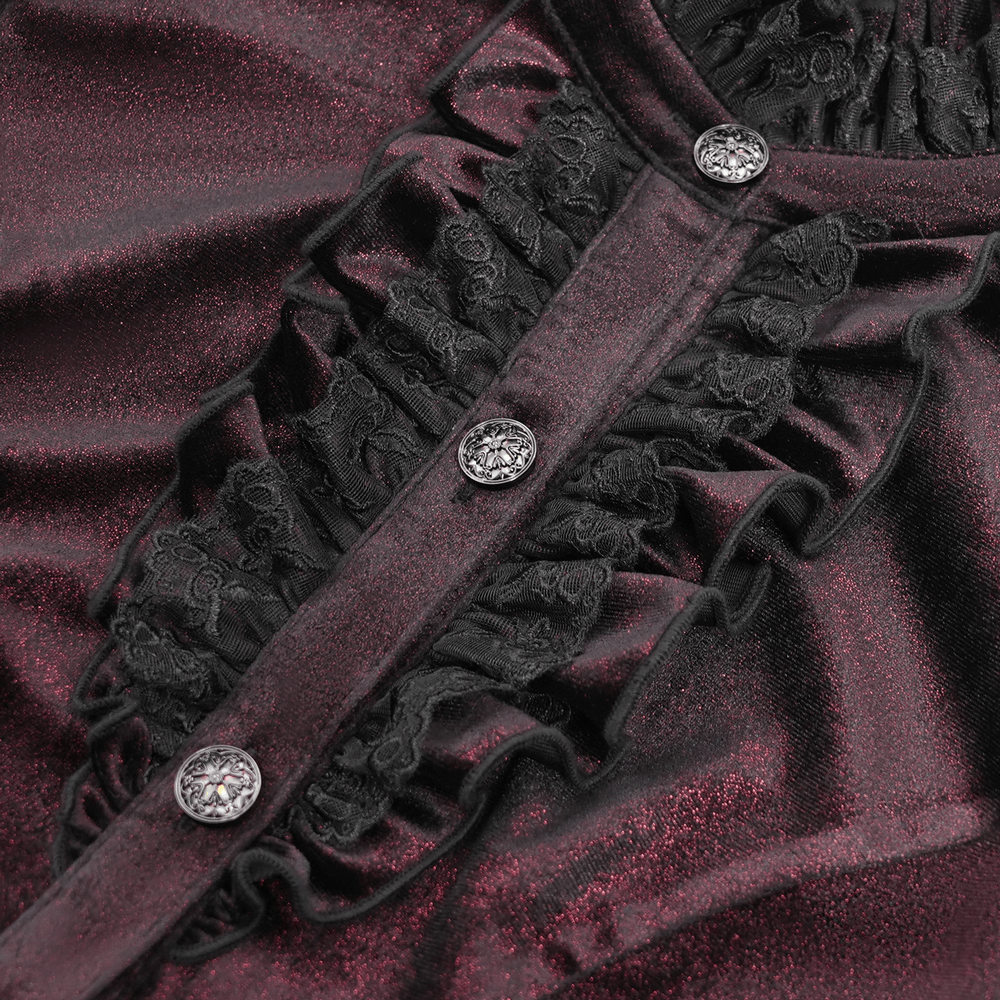 Close-up of Victorian Gothic velvet blouse featuring lace and ruffled details with ornate buttons.