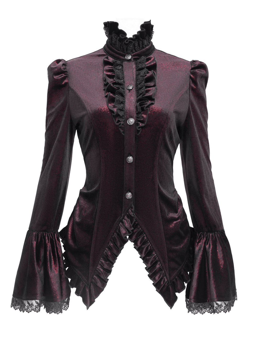 Victorian gothic velvet blouse with lace detail and dramatic bell sleeves, perfect for alternative fashion.