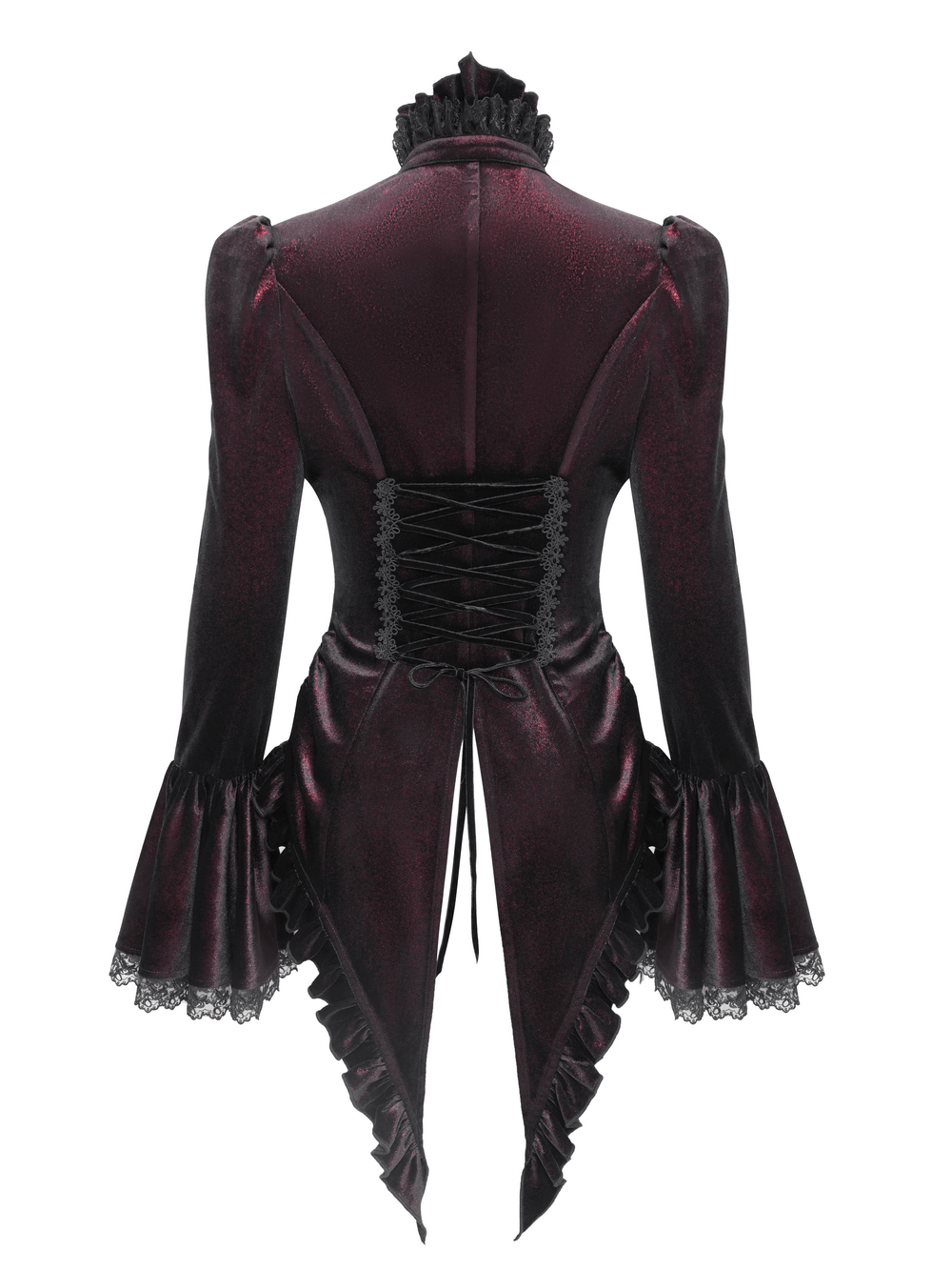 Back view of a Victorian gothic velvet blouse with lace corset details and dramatic bell sleeves.