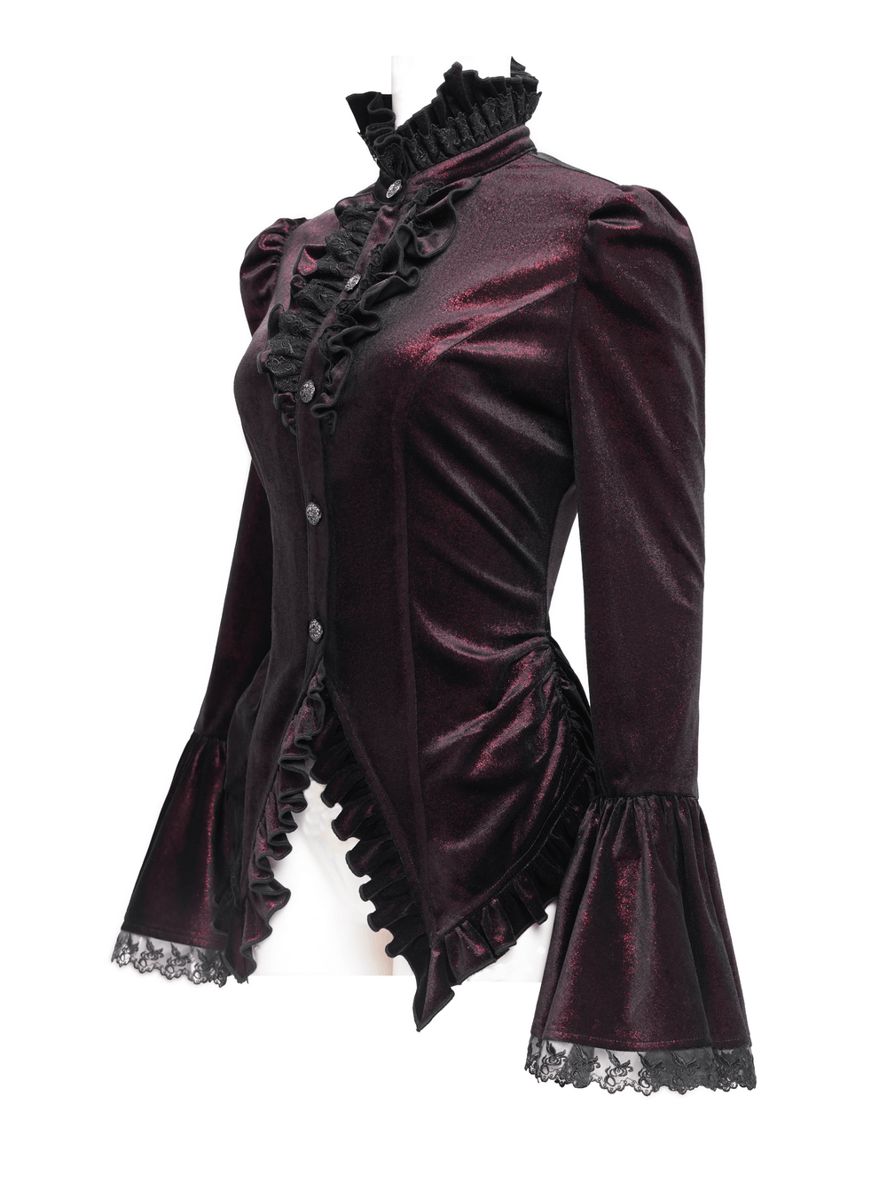 Victorian Gothic velvet blouse with lace, ruffles, and bell sleeves for an elegant alternative fashion statement.