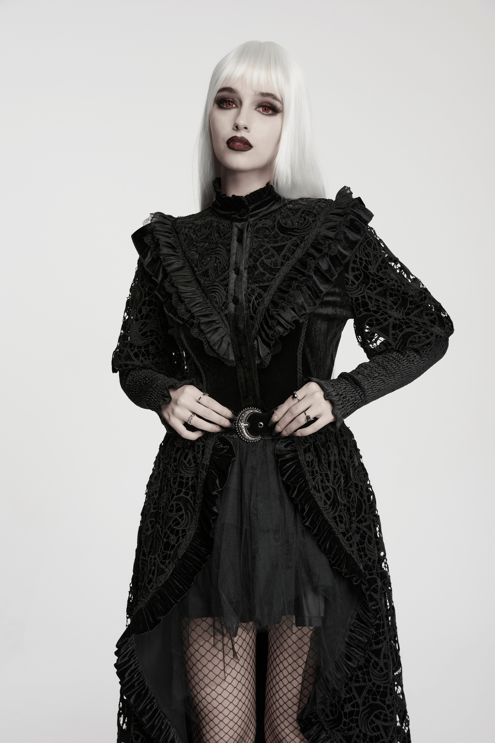 Victorian Gothic Velvet Blouse with Lace Puff Sleeves worn by model with dramatic makeup and styling.