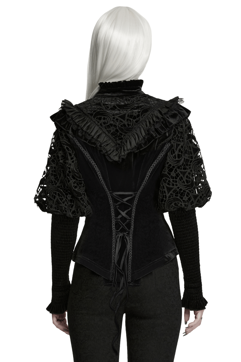 Victorian Gothic Velvet Blouse with Lace Puff Sleeves showcasing intricate lace and corset back detail.