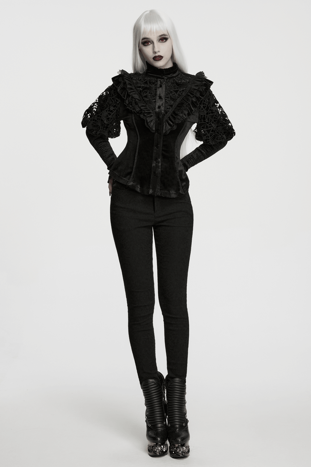 Victorian Gothic Velvet Blouse with Lace Puff Sleeves worn by model, showcasing dramatic gothic elegance and intricate details.