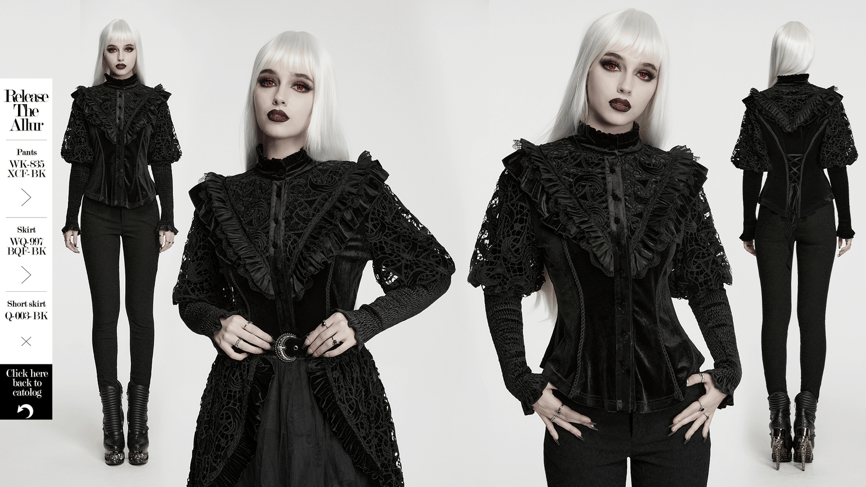 Victorian Gothic Velvet Blouse with Lace Puff Sleeves worn by model in a dramatic pose with corset detail.