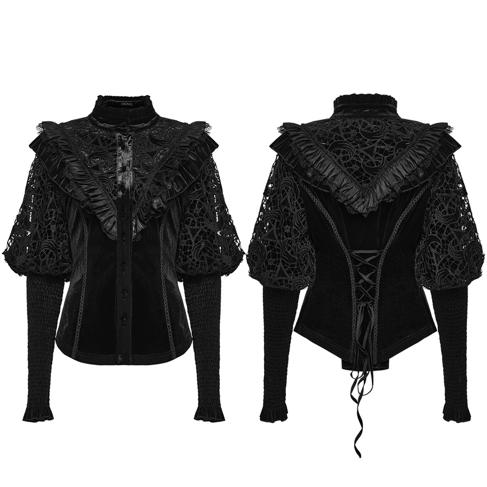 Victorian Gothic Velvet Blouse with Lace Puff Sleeves in black with corset back and embroidered velvet details.