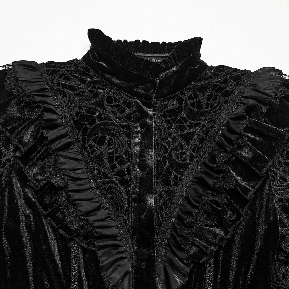 Victorian Gothic Velvet Blouse with Lace Puff Sleeves featuring lace detailing and ruffled velvet.