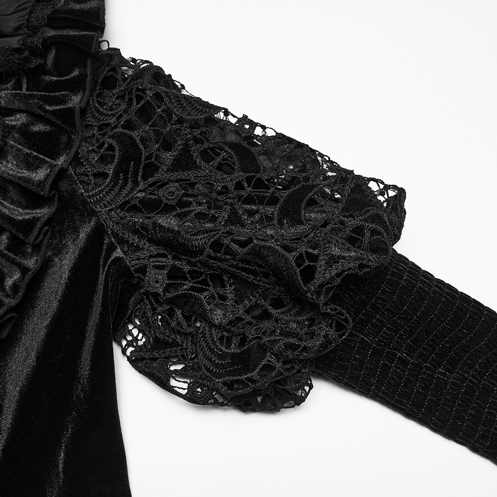 Victorian Gothic Velvet Blouse with Lace Puff Sleeves featuring intricate lace and velvet detailing.