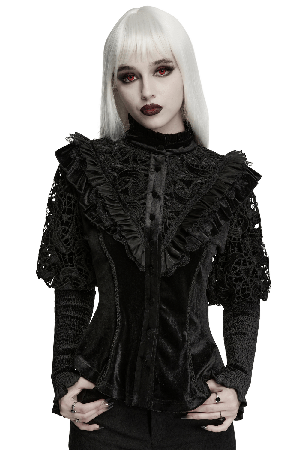 Victorian Gothic Velvet Blouse with Lace Puff Sleeves in black with dramatic ruffles and lace details.