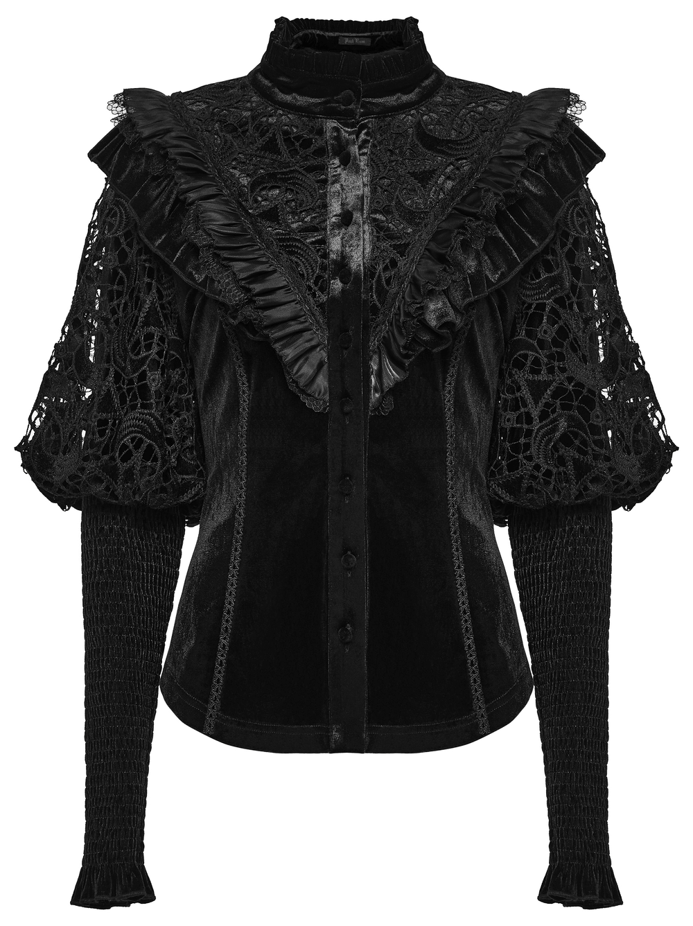 Victorian Gothic Velvet Blouse with Lace Puff Sleeves featuring dramatic lace and velvet design.