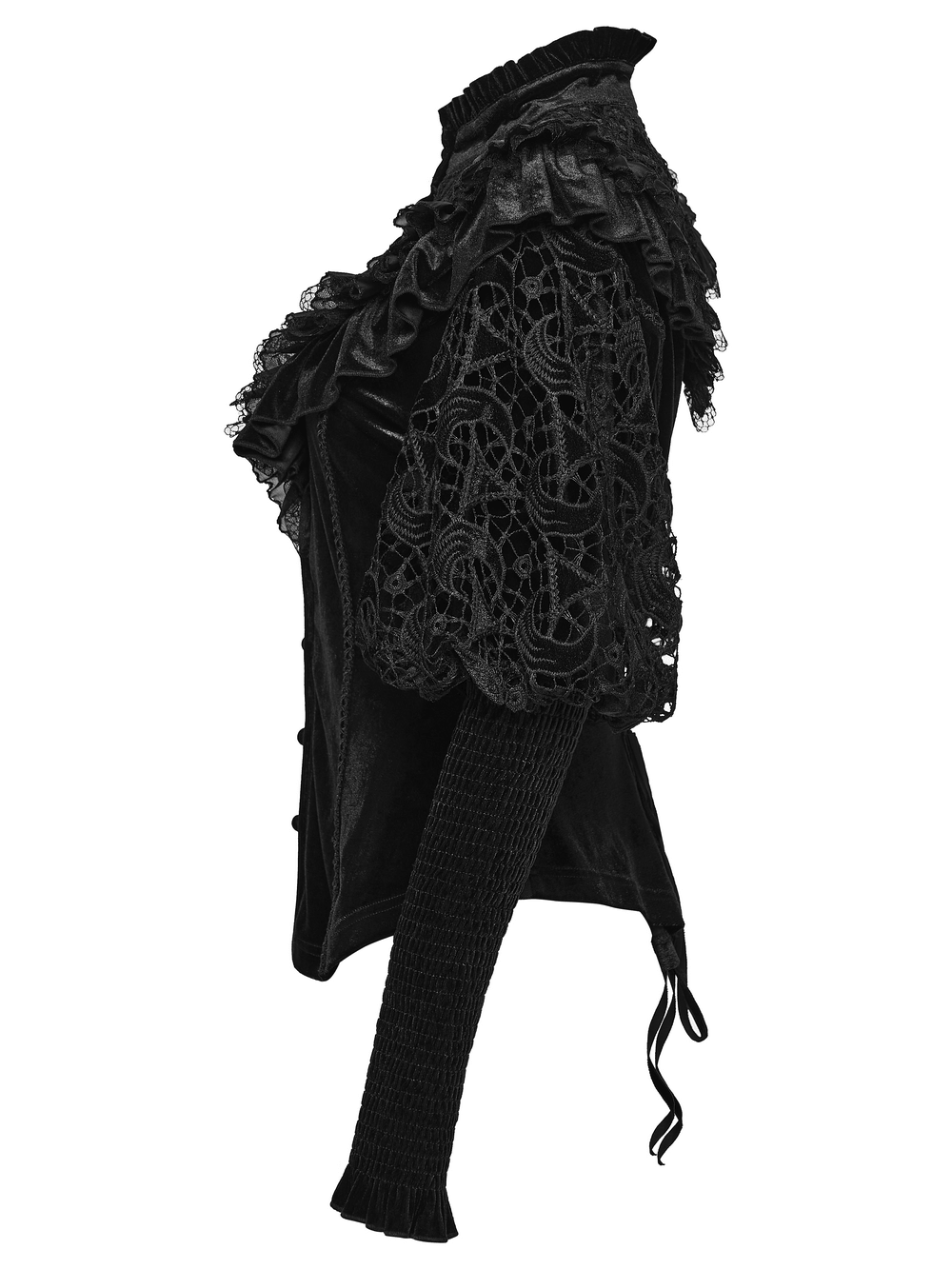 Victorian Gothic Velvet Blouse with Lace Puff Sleeves showcasing intricate lace details and luxurious velvet fabric.