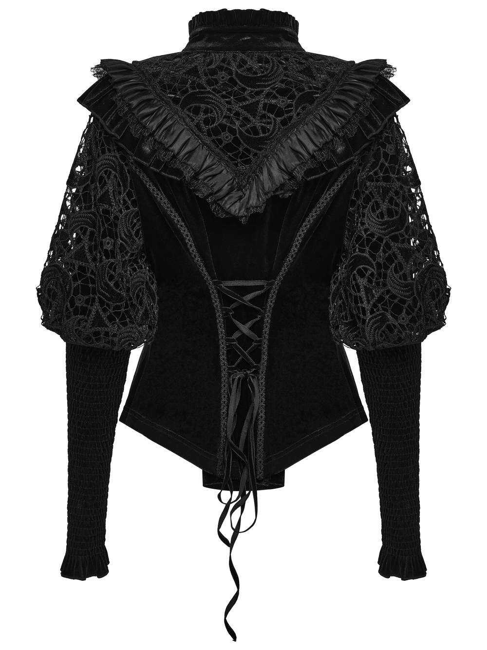 Victorian Gothic Velvet Blouse with Lace Puff Sleeves featuring a dramatic corset back and lace details.
