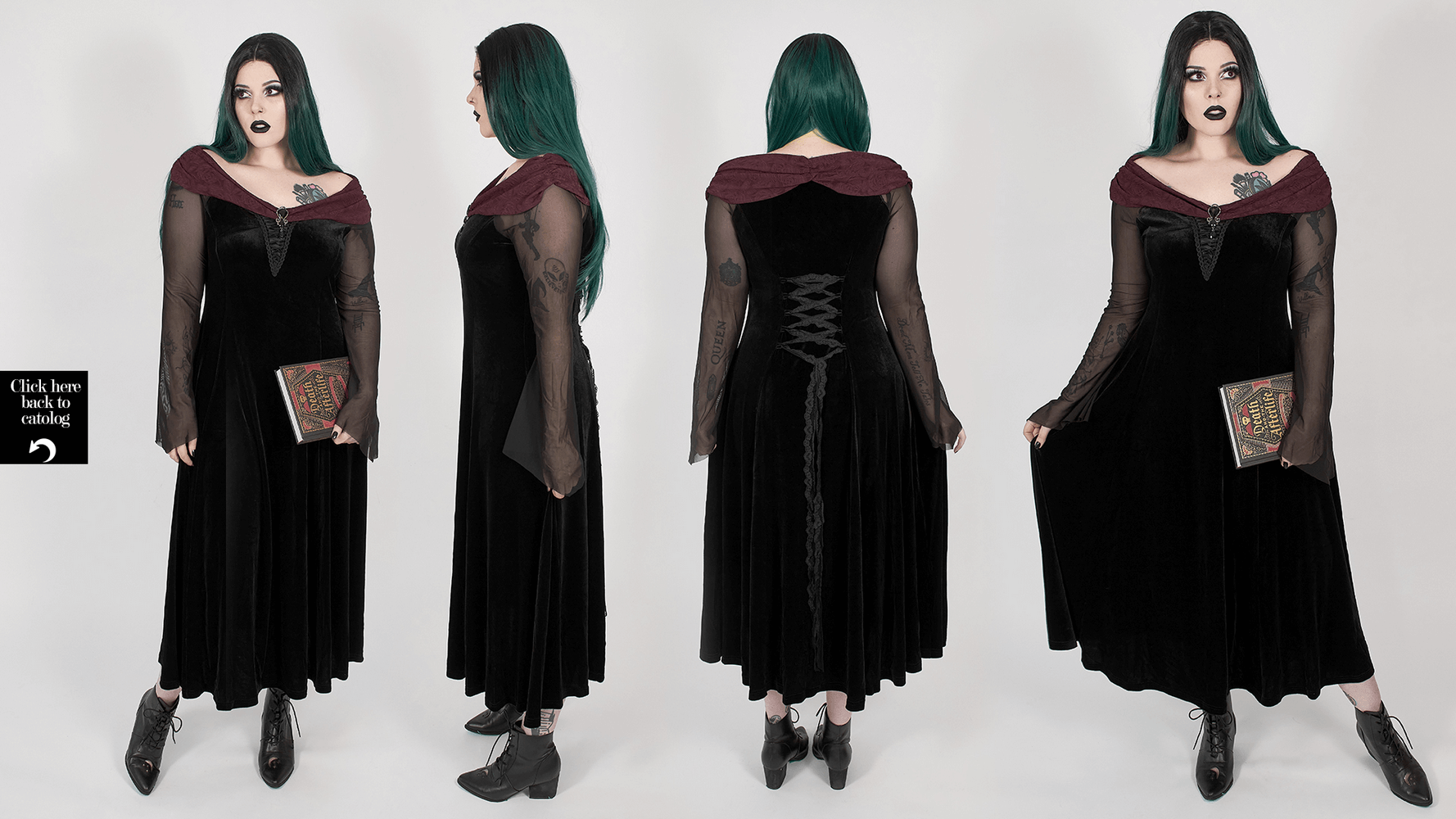 Victorian Gothic Velvet Gown with Brooch and Mesh Sleeves - HARD'N'HEAVY