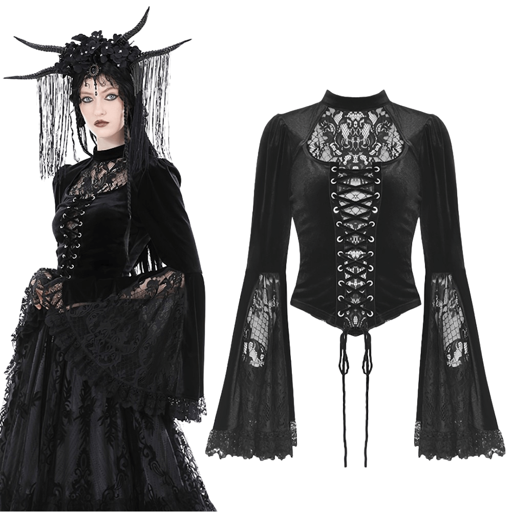 Gothic velvet lace top with bell sleeves, showcasing elegant black fabric and a romantic Victorian style.