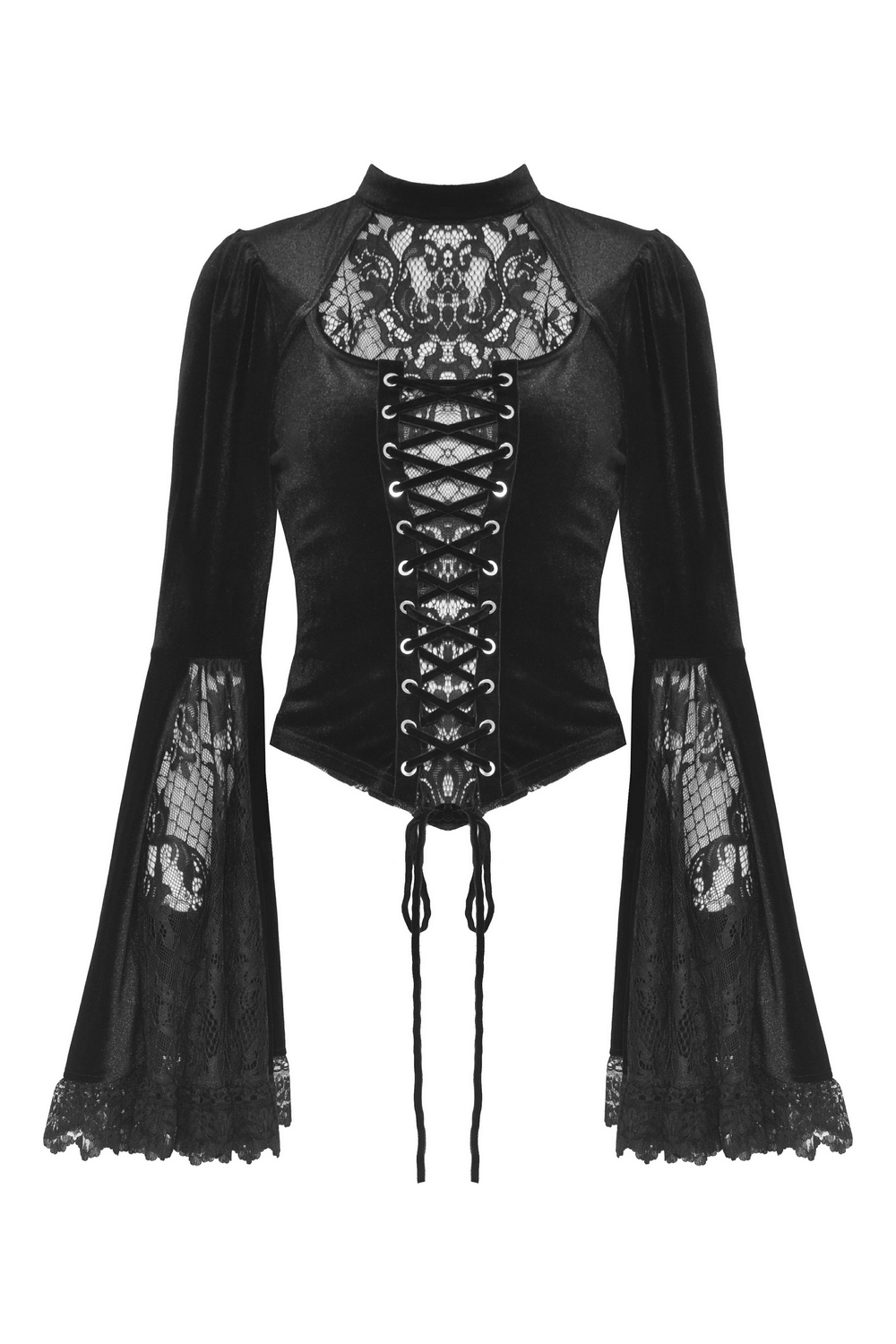 Victorian Gothic black velvet lace top with bell sleeves and lace-up front, perfect for elegant occasions.