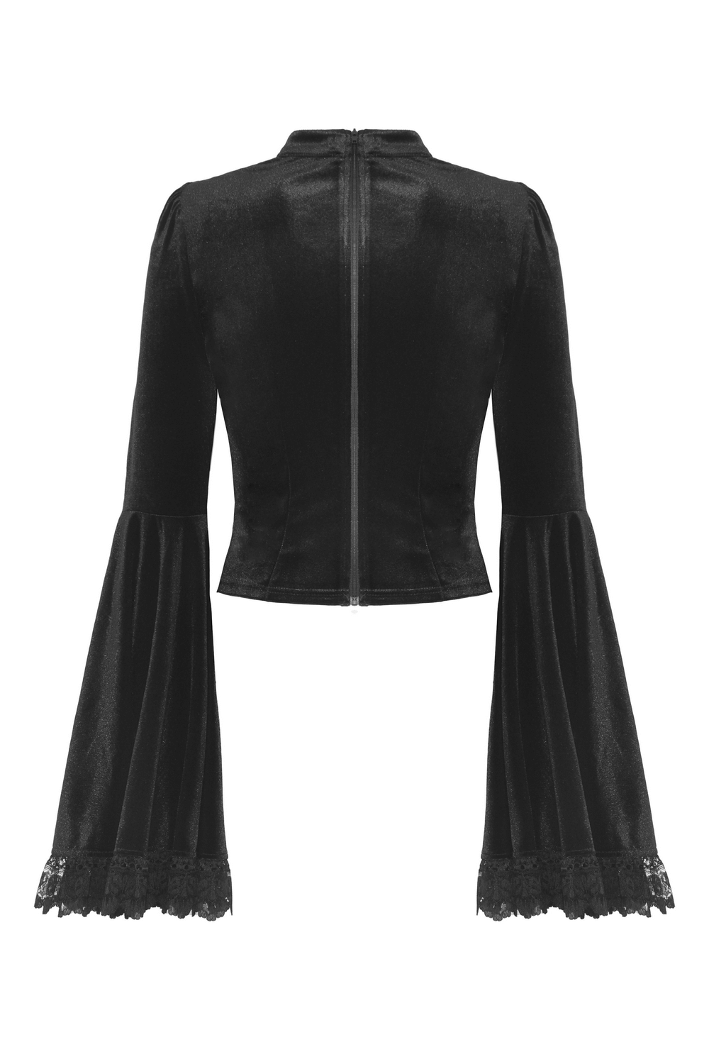 Victorian Gothic velvet lace top with bell sleeves, offering a romantic and elegant back view.