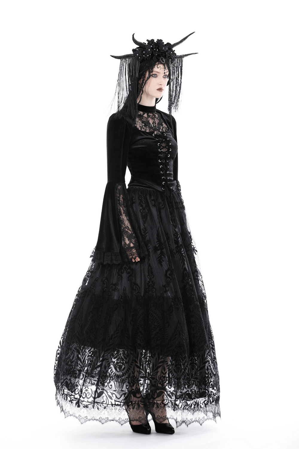 Victorian Gothic Velvet Lace Top with Bell Sleeves