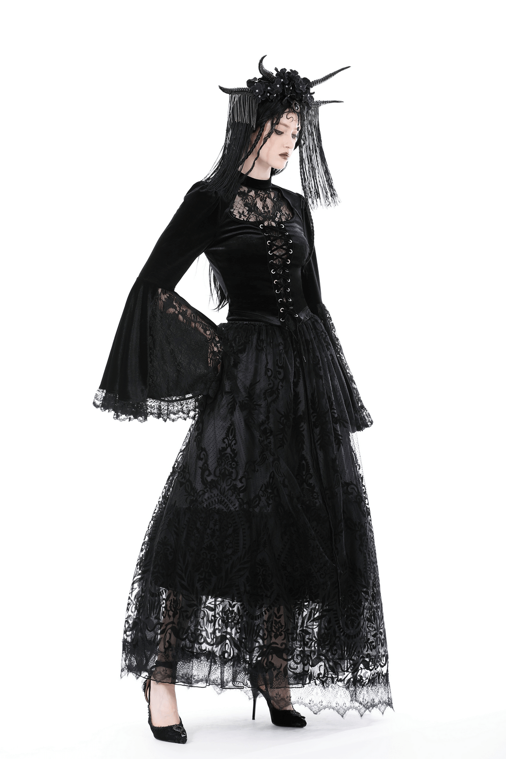 Victorian Gothic Velvet Lace Top with Bell Sleeves