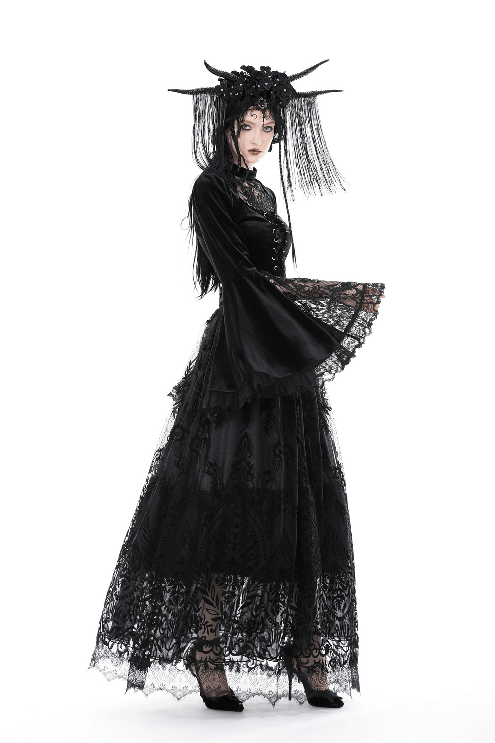 Victorian Gothic black velvet lace top with bell sleeves, perfect for enchanting elegance and romantic occasions.