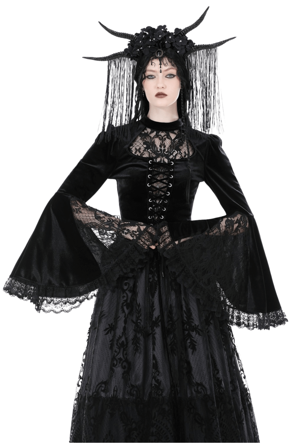 Victorian Gothic black velvet lace top with bell sleeves, intricate details, perfect for enchanting events.