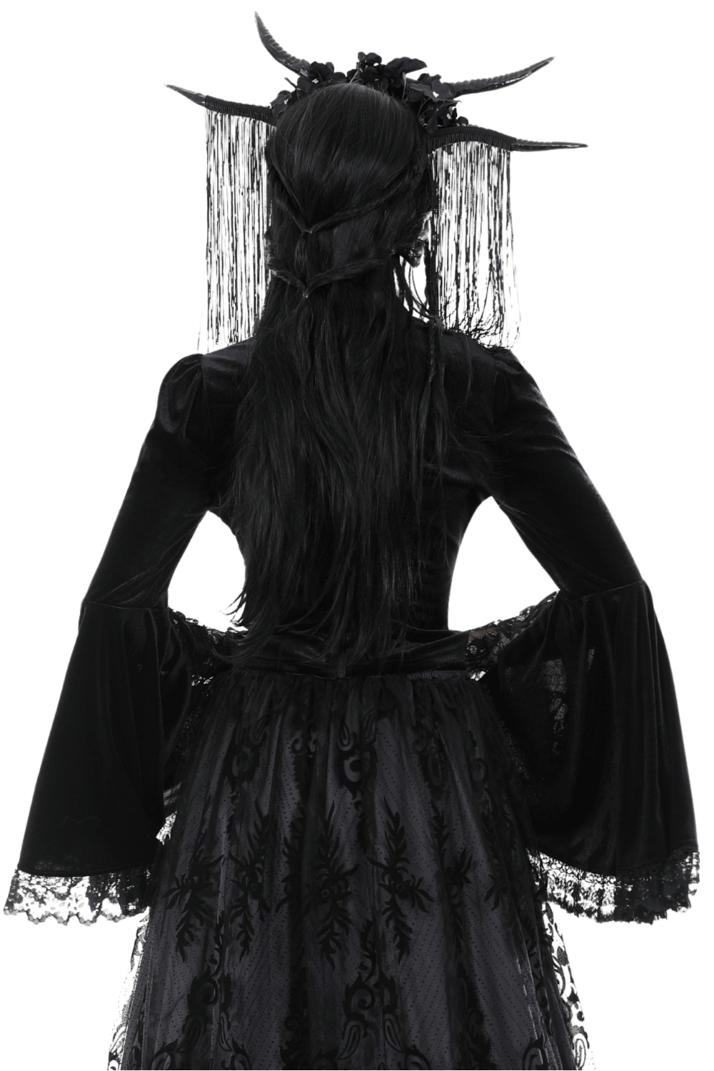 Victorian Gothic woman's back in velvet lace top with bell sleeves, adorned with a decorative headpiece and flowing hair.