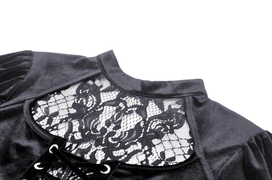 Victorian Gothic velvet and lace top showcasing intricate lace detailing and elegant black velvet fabric.