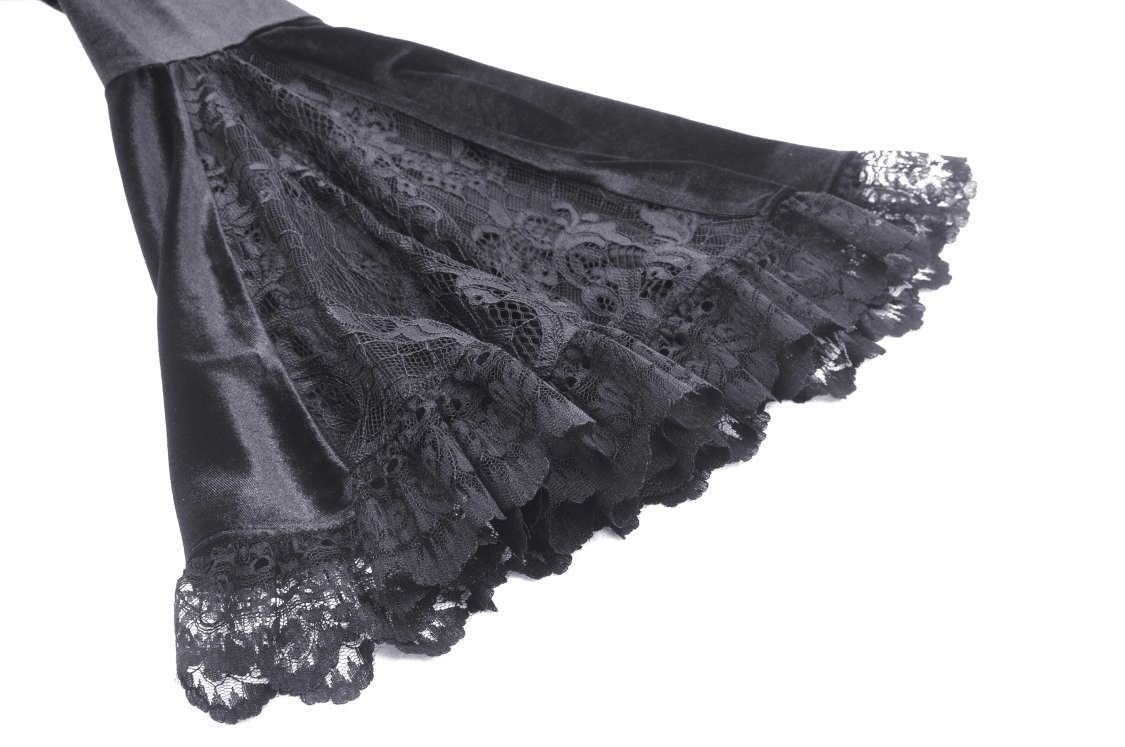 Elegant black velvet and lace top with bell sleeves, perfect for a Victorian Gothic-inspired outfit.
