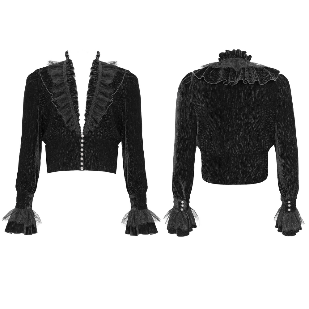 Victorian gothic velvet shirt with lace ruffles and pearl buttons, showcasing flared cuffs and dramatic collar detail.