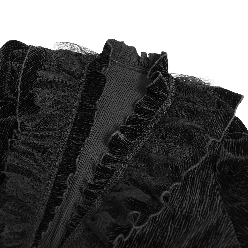 Victorian gothic velvet shirt collar with lace ruffles and texture, perfect for dark romantic fashion.