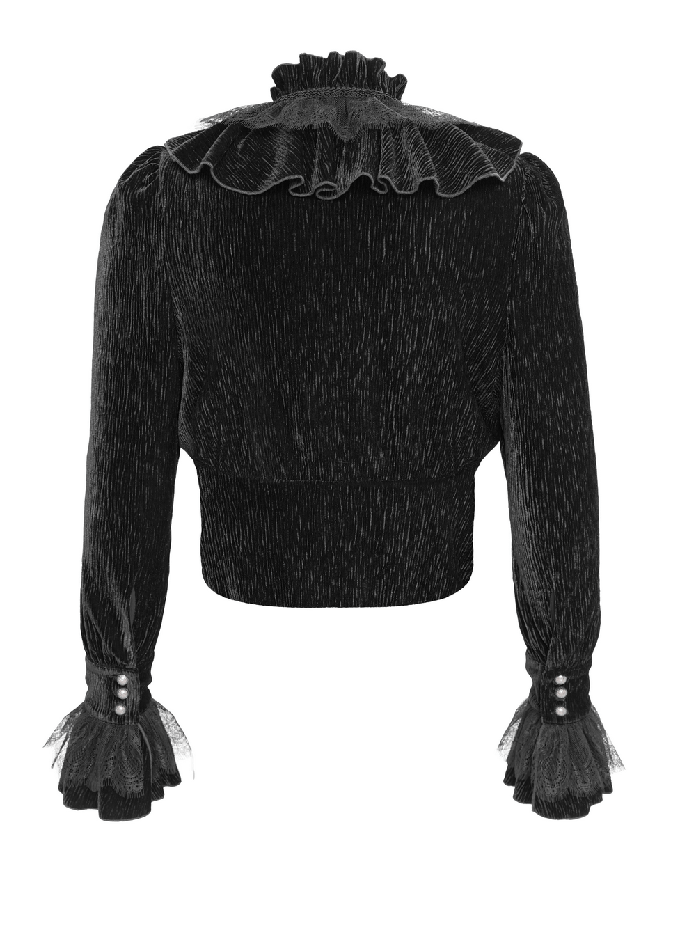 Victorian gothic velvet shirt with lace ruffles and pearl buttons, featuring dramatic flared cuffs.