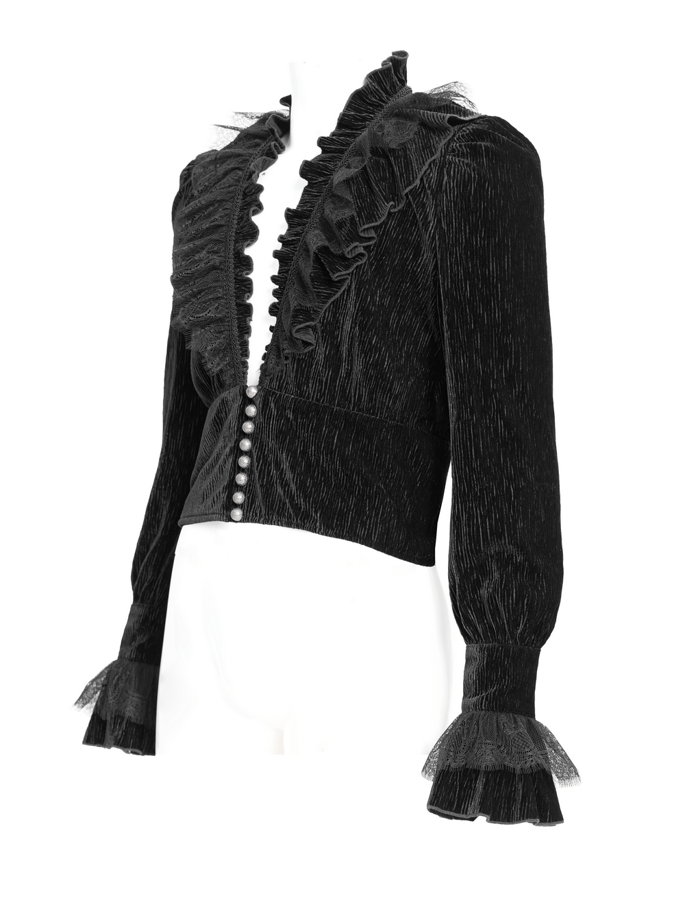 Victorian gothic velvet shirt with lace ruffles, pearl buttons, and flared cuffs for dark romantic fashion.