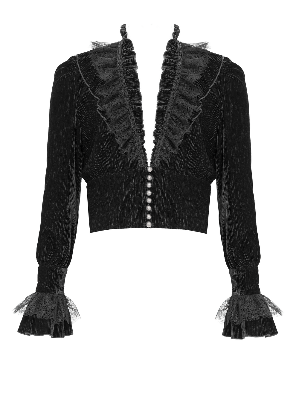 Victorian Gothic velvet shirt with lace ruffles and pearl buttons, featuring flared cuffs, perfect for dark romantic fashion.