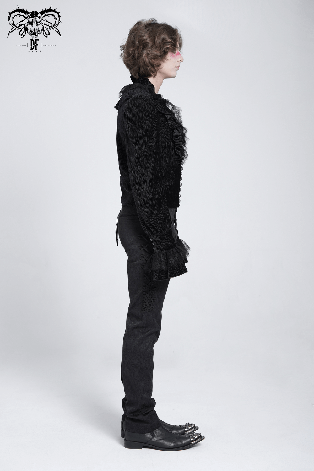 Victorian gothic velvet shirt with lace ruffles and pearl buttons, perfect for dark romantic fashion.