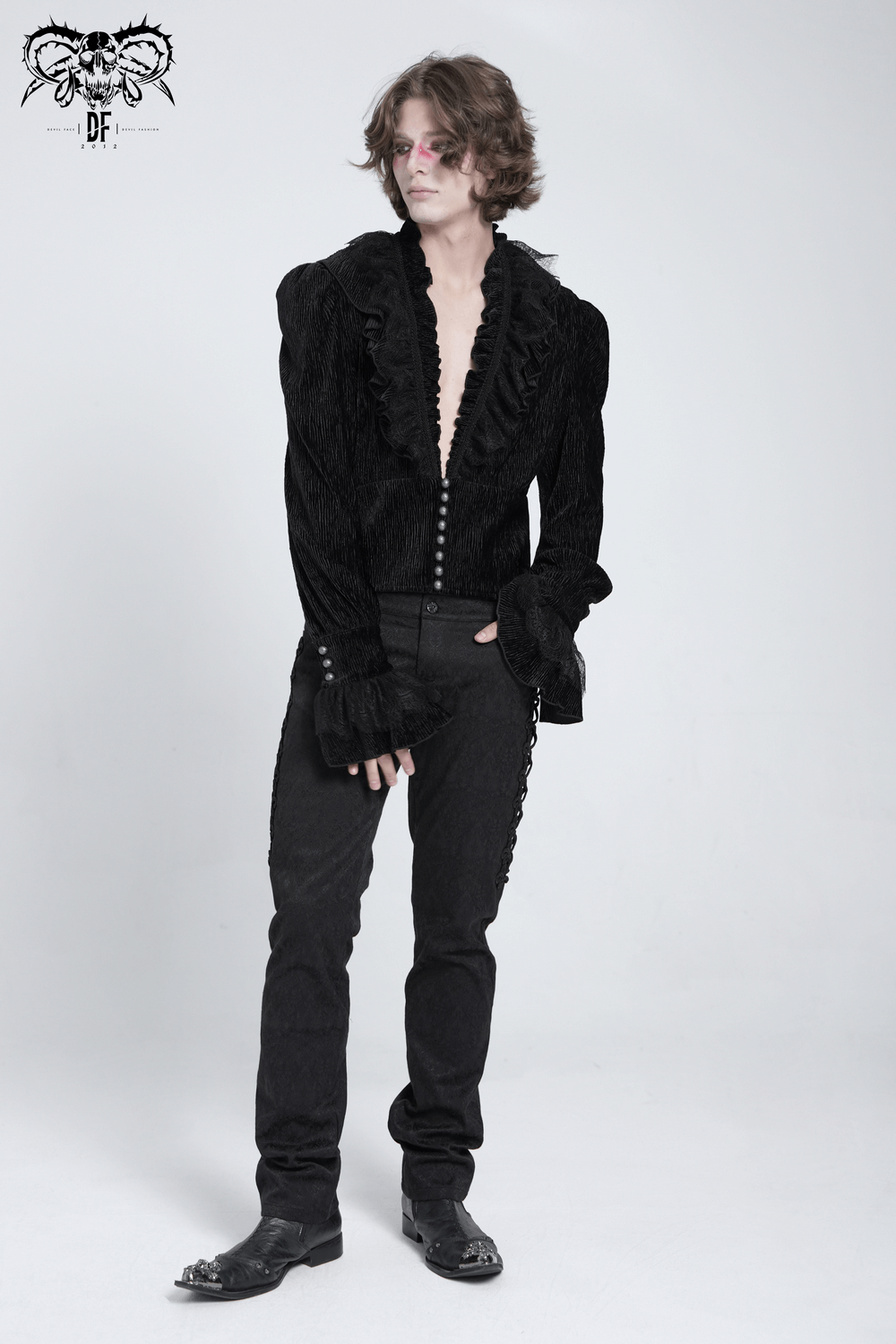 Victorian gothic velvet shirt with lace ruffles, pearl buttons, and flared cuffs for dark romantic style.