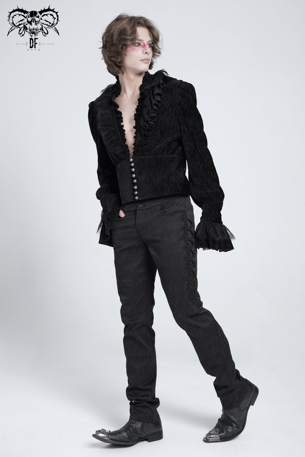 Victorian gothic velvet shirt with lace ruffles and pearl buttons, perfect for dark romantic styles.