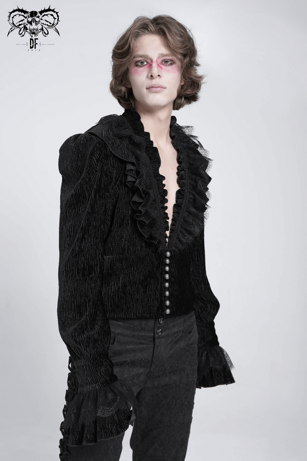 Victorian gothic velvet shirt with lace ruffles, flared cuffs and pearl buttons for dark romantic fashion.