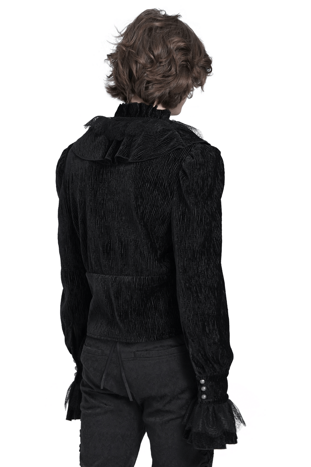 Back view of Victorian Gothic velvet shirt with lace ruffles and pearl buttons, perfect for dark romantic outfits.