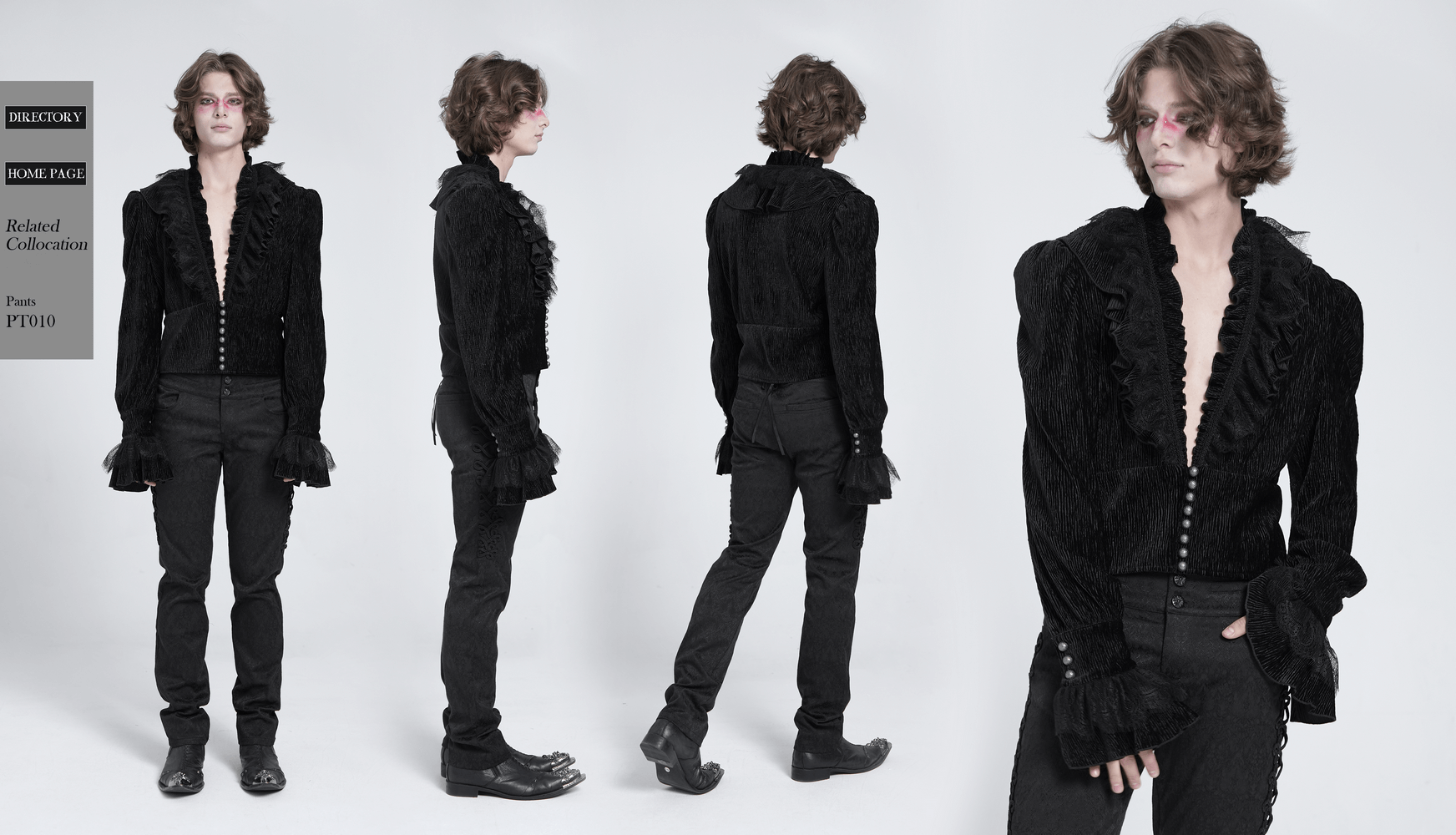 Victorian gothic velvet shirt with lace ruffles and pearl buttons, styled with flared cuffs, perfect for dark romantic fashion.