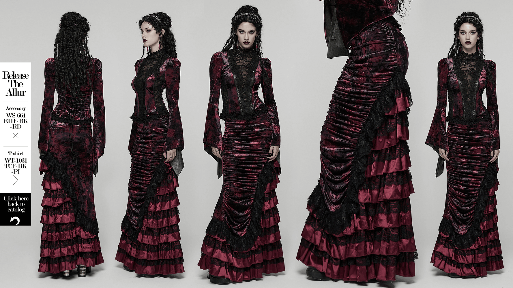 Victorian Gothic Velvet Skirt with Ruffled Lace Hem featuring a dramatic tiered design and intricate detailing.