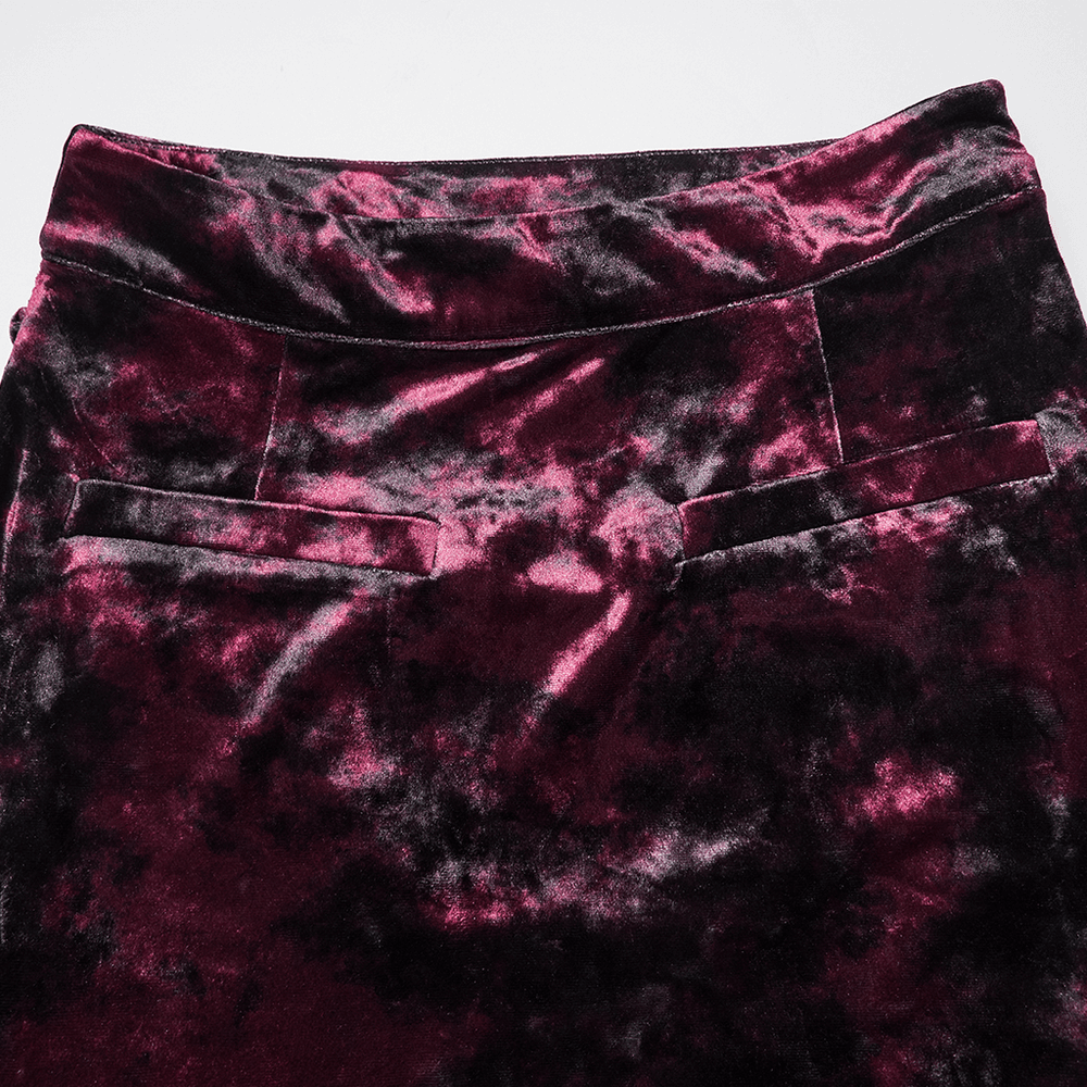 Victorian Gothic Velvet Skirt with Ruffled Lace Hem showing luxurious tie-dyed velvet fabric and sleek pockets.