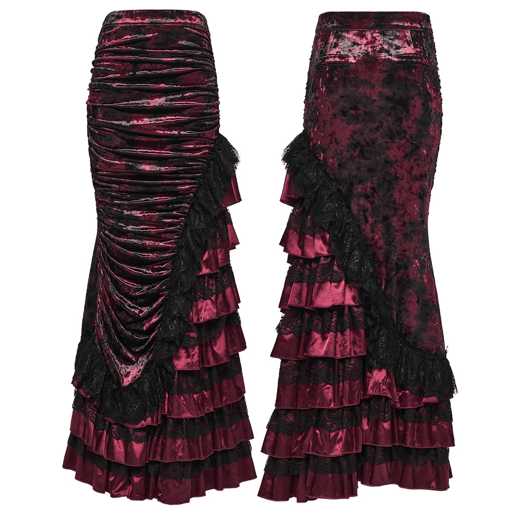 Victorian Gothic Velvet Skirt with Ruffled Lace Hem showcasing dramatic ruffled layers and elegant velvet fabric.