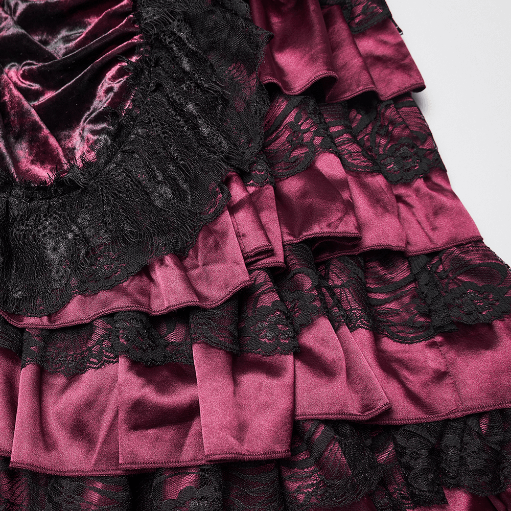 Victorian Gothic Velvet Skirt with Ruffled Lace Hem showcasing rich velvet, lace ruffles, and tiered design details.