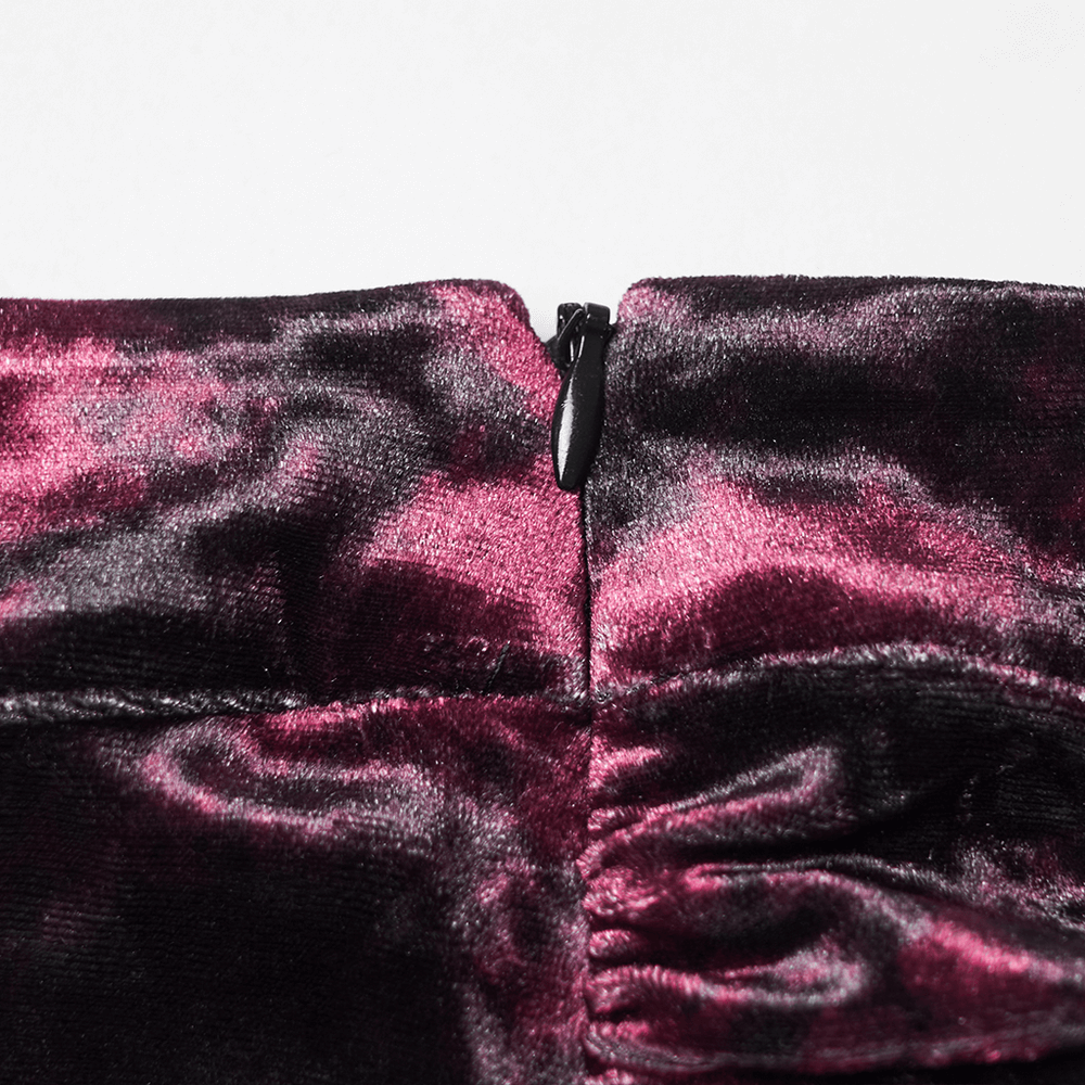 Victorian Gothic Velvet Skirt with Ruffled Lace Hem close-up showing zipper detail on rich velvet fabric.