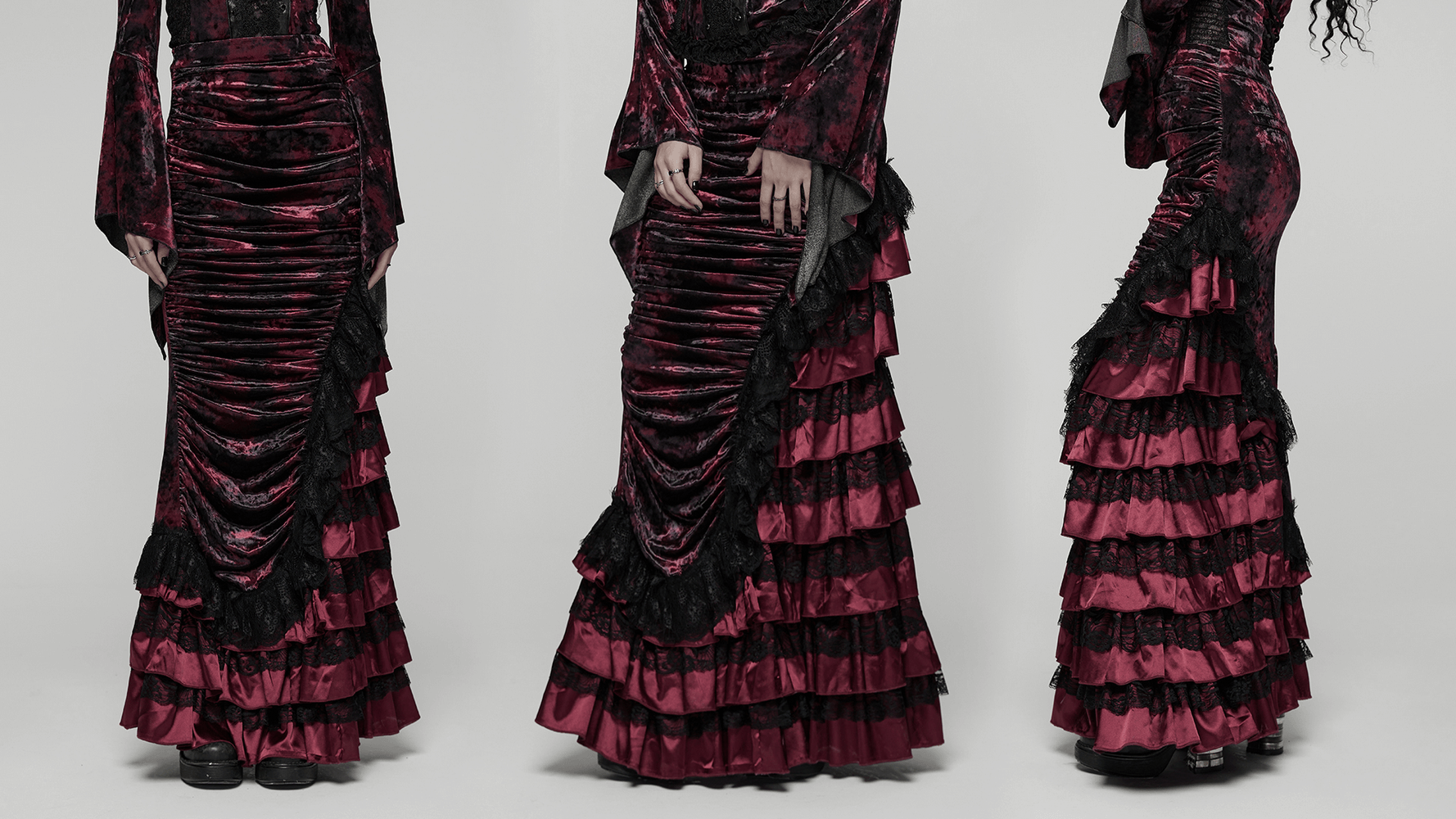 Victorian Gothic Velvet Skirt with Ruffled Lace Hem showcasing intricate tiered design in dark velvet and lace.