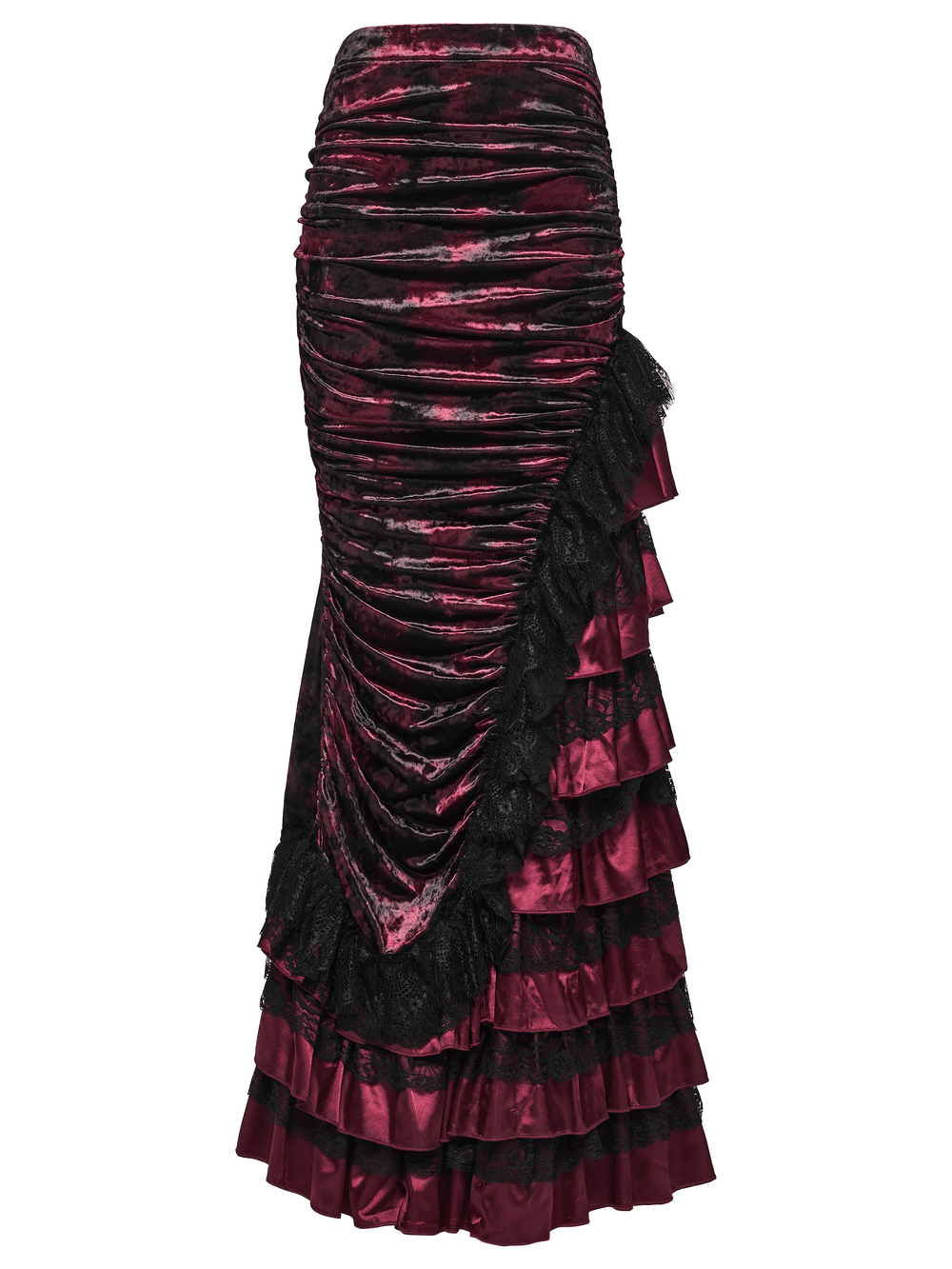 Victorian Gothic Velvet Skirt with Ruffled Lace Hem featuring layered burgundy fabric and elegant ruffles.