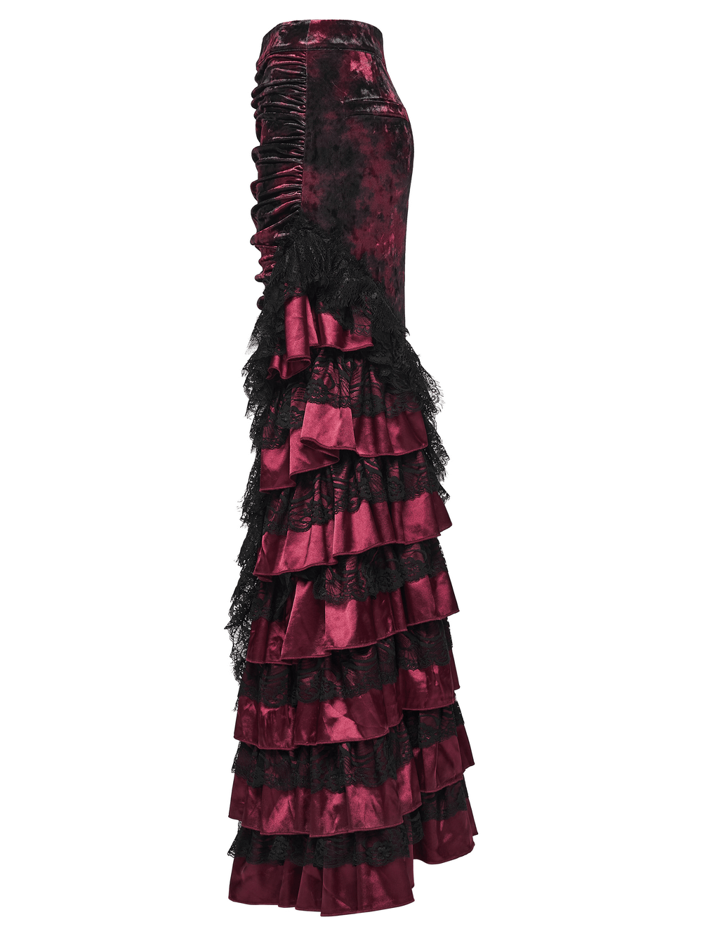 Victorian Gothic Velvet Skirt with Ruffled Lace Hem showcasing dramatic tiered design and elegant black lace accents.