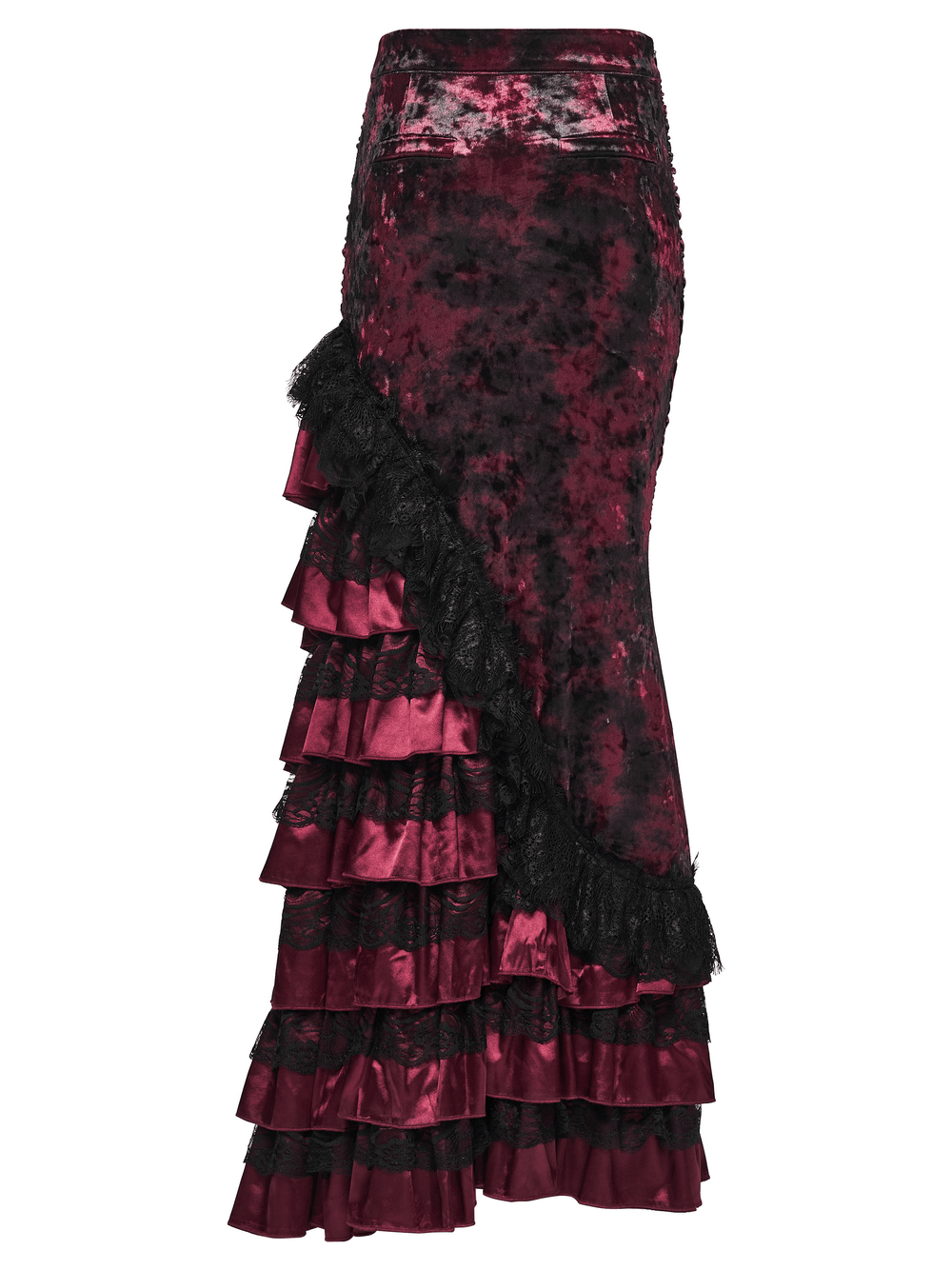 Victorian Gothic Velvet Skirt with Ruffled Lace Hem showcasing rich textures and dramatic layered design.