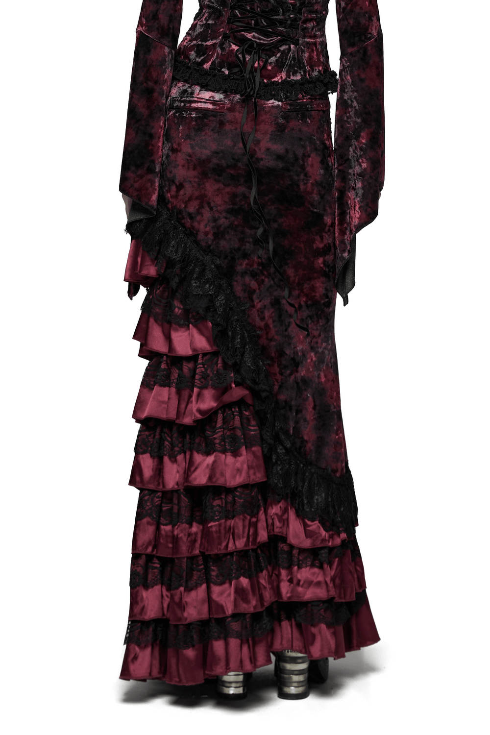 Victorian Gothic Velvet Skirt with Ruffled Lace Hem featuring tiered ruffled layers and elegant velvet texture.